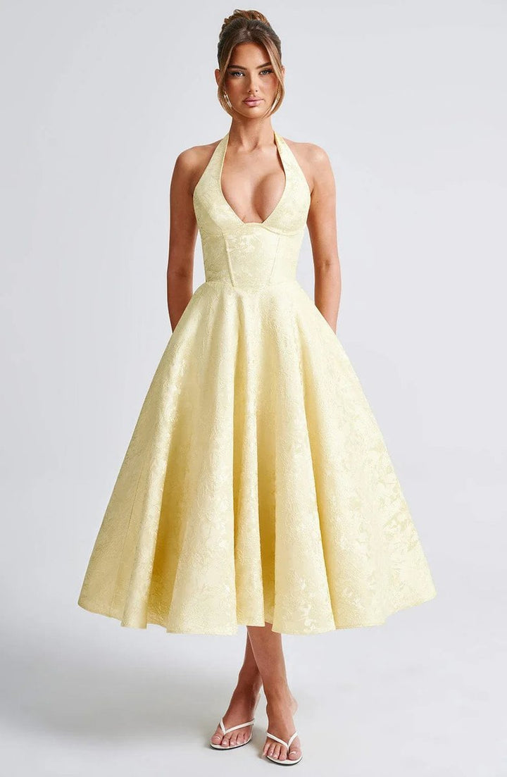 Olivia | Women's Jacquard Halter Neck Party Dress Open Back Flared Midi