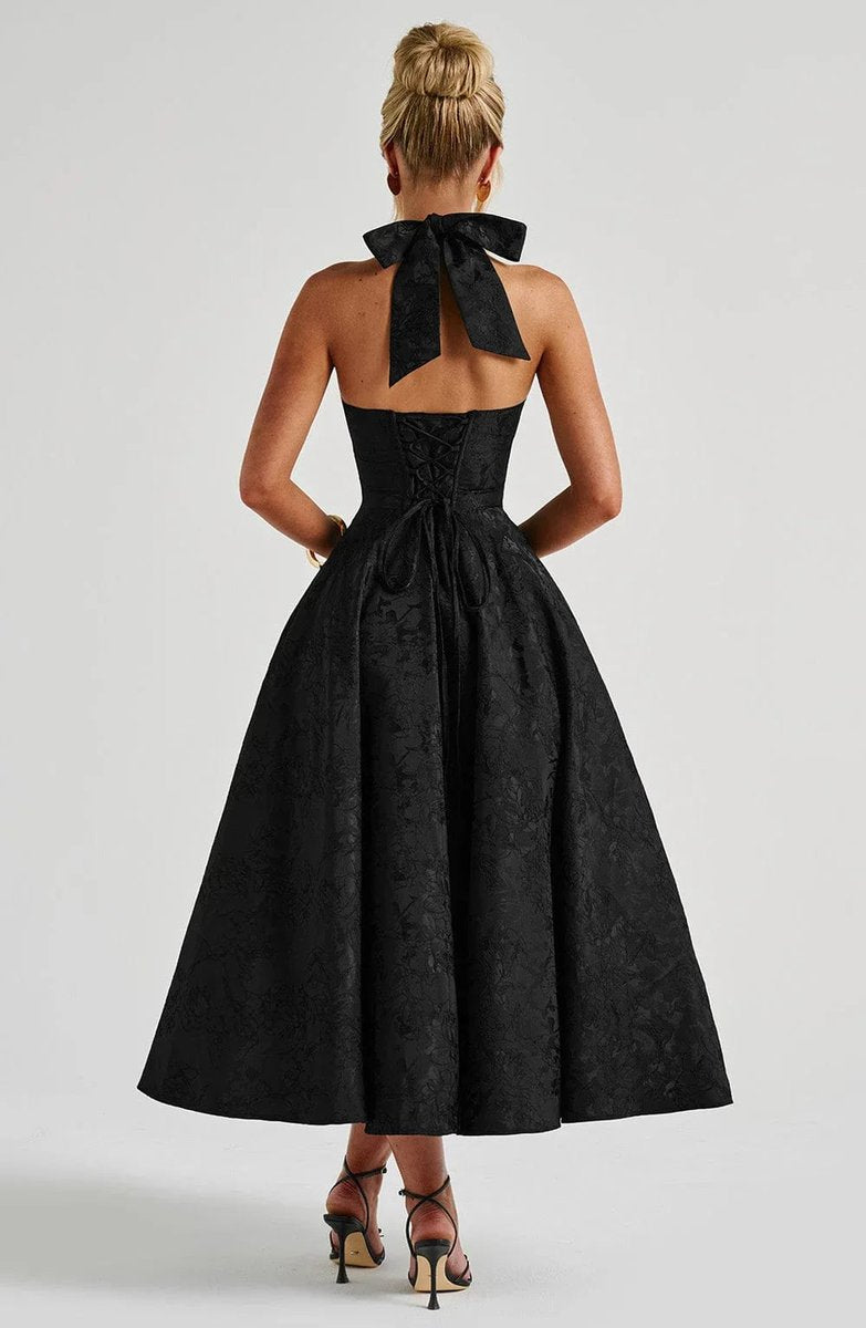 Olivia | Women's Jacquard Halter Neck Party Dress Open Back Flared Midi