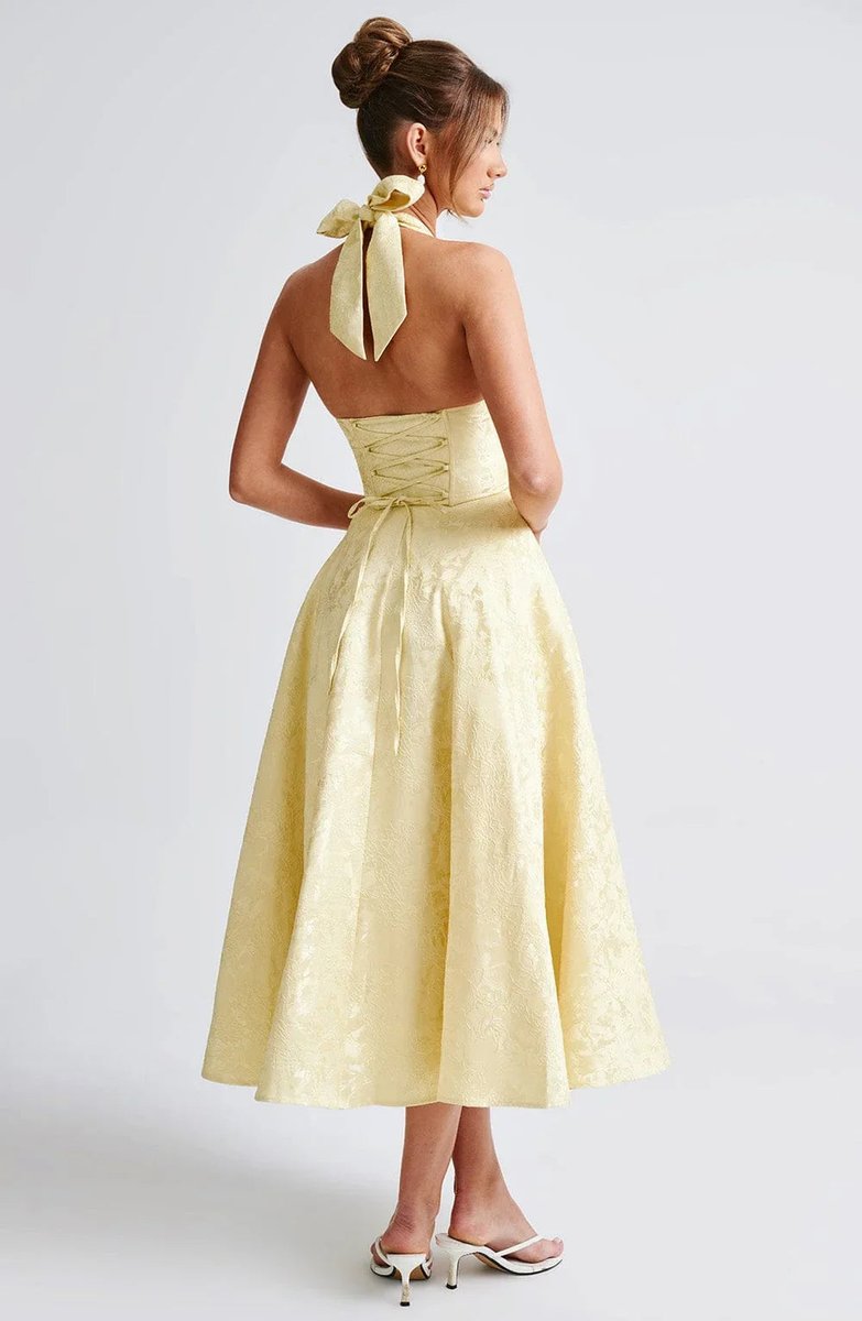 Olivia | Women's Jacquard Halter Neck Party Dress Open Back Flared Midi