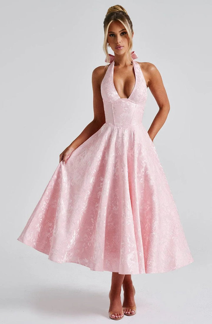 Olivia | Women's Jacquard Halter Neck Party Dress Open Back Flared Midi