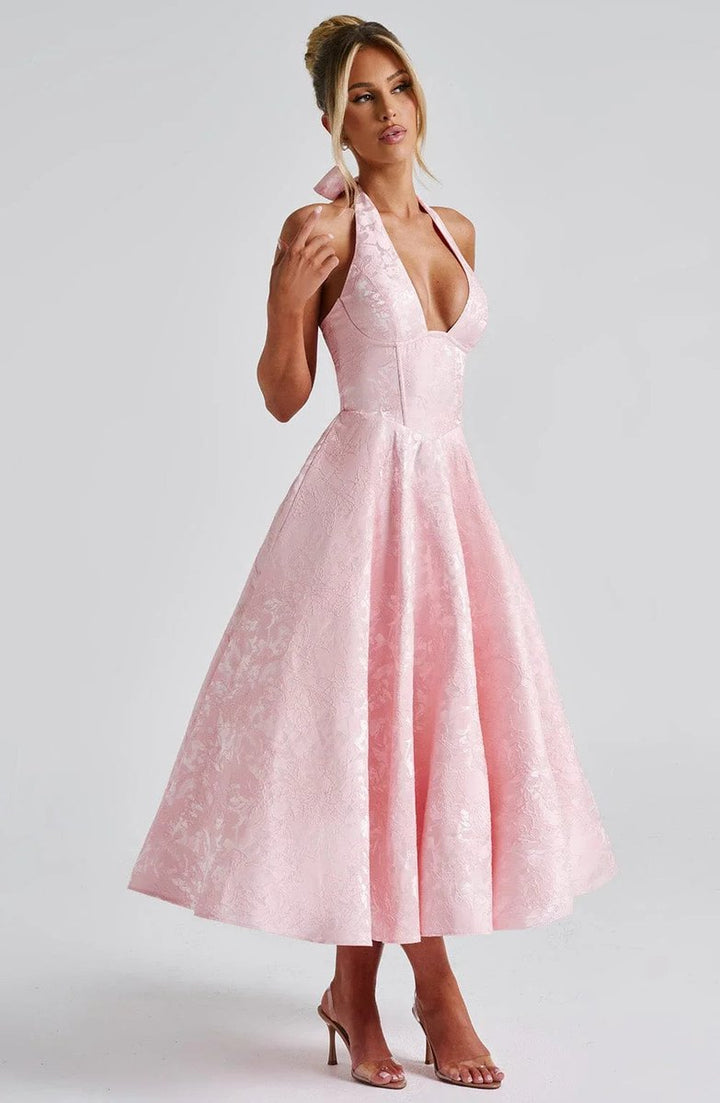 Olivia | Women's Jacquard Halter Neck Party Dress Open Back Flared Midi