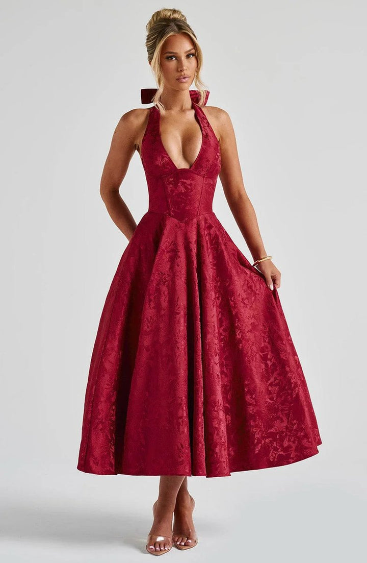 Olivia | Women's Jacquard Halter Neck Party Dress Open Back Flared Midi