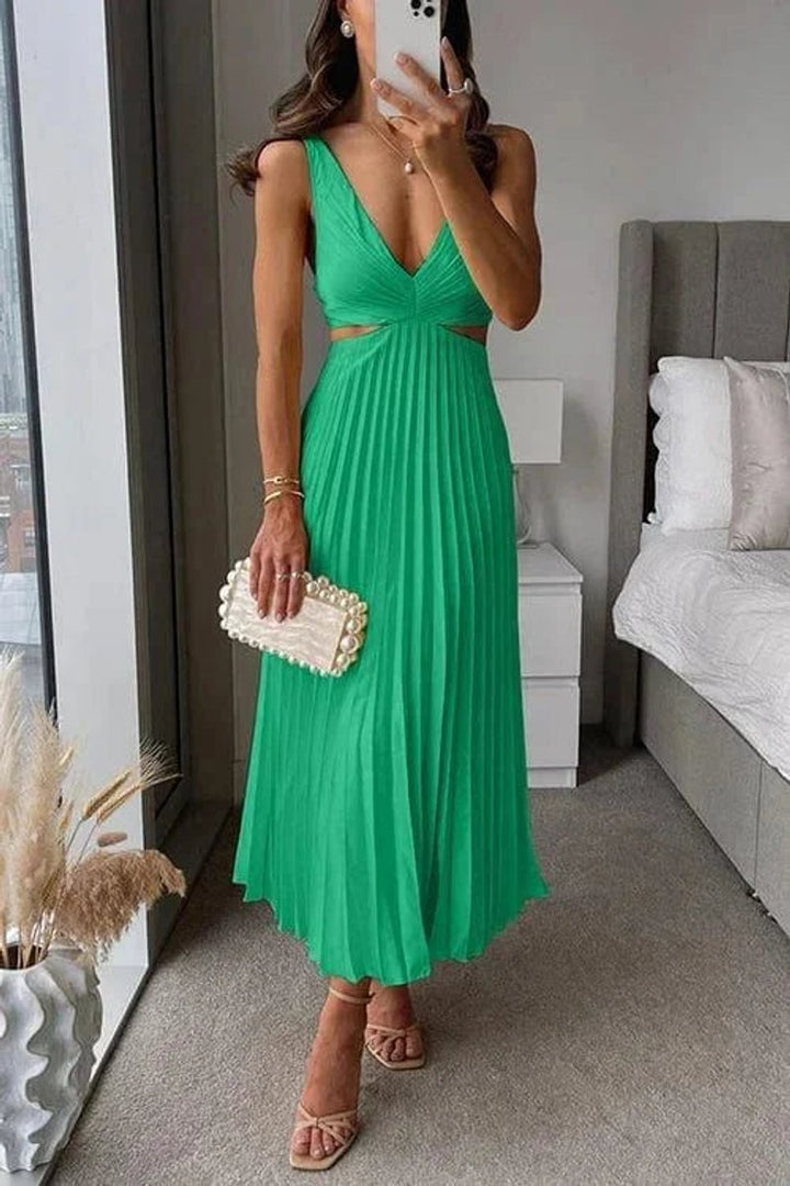 Phoebe | Women's Pleated Midi Party Dress Cutout V-Neck Sleeveless
