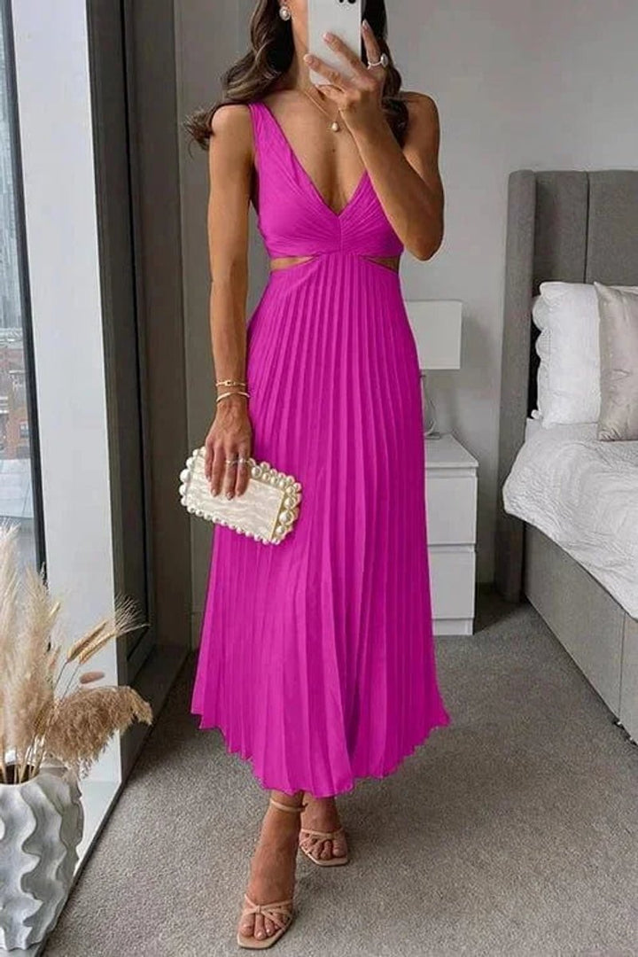 Phoebe | Women's Pleated Midi Party Dress Cutout V-Neck Sleeveless