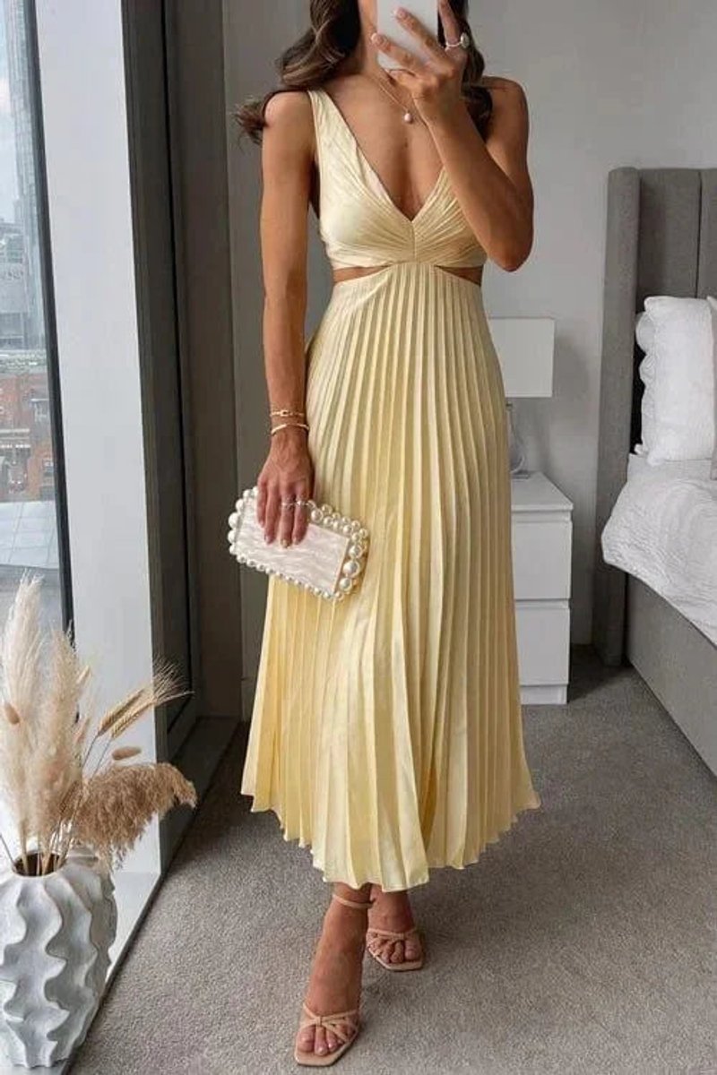 Phoebe | Women's Pleated Midi Party Dress Cutout V-Neck Sleeveless