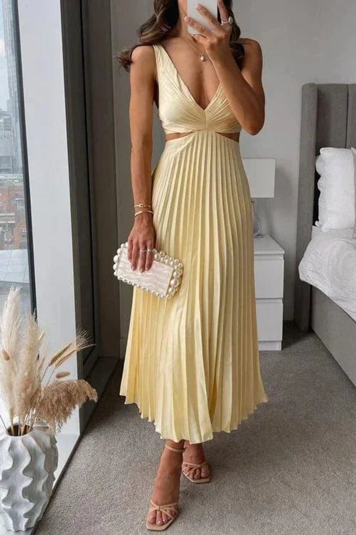 Phoebe | Women's Pleated Midi Party Dress Cutout V-Neck Sleeveless