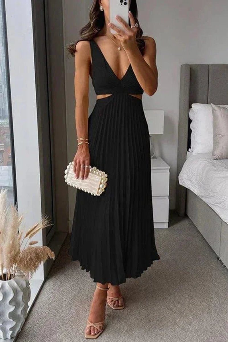 Phoebe | Women's Pleated Midi Party Dress Cutout V-Neck Sleeveless
