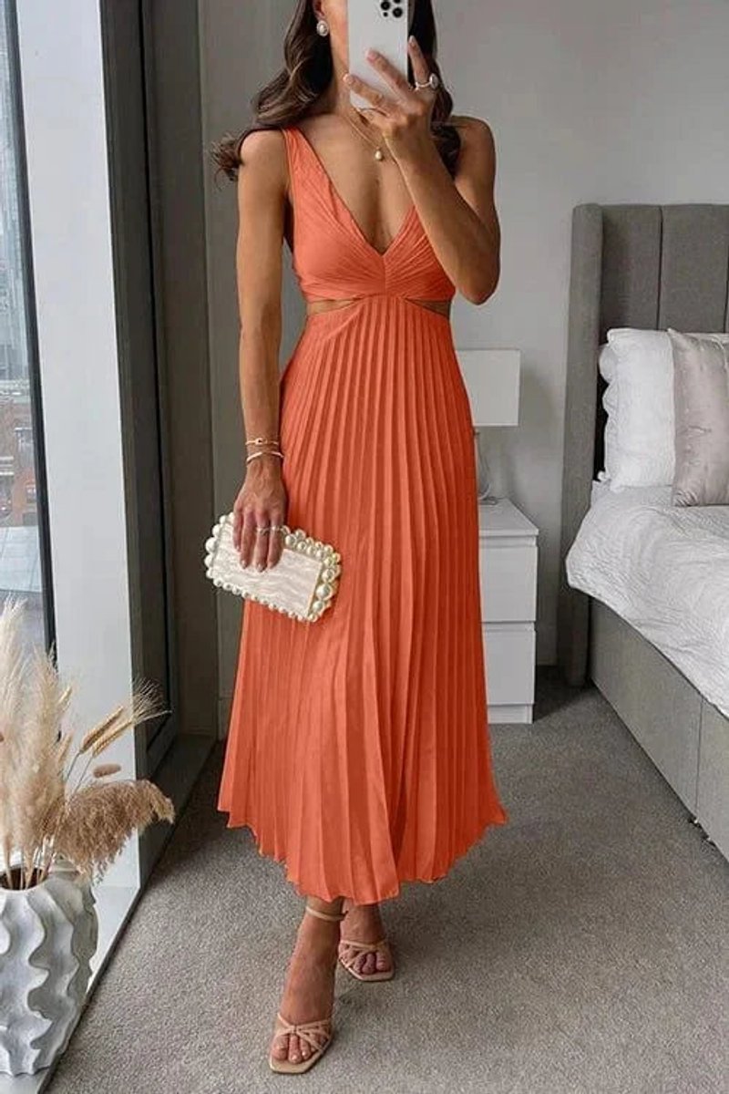 Phoebe | Women's Pleated Midi Party Dress Cutout V-Neck Sleeveless