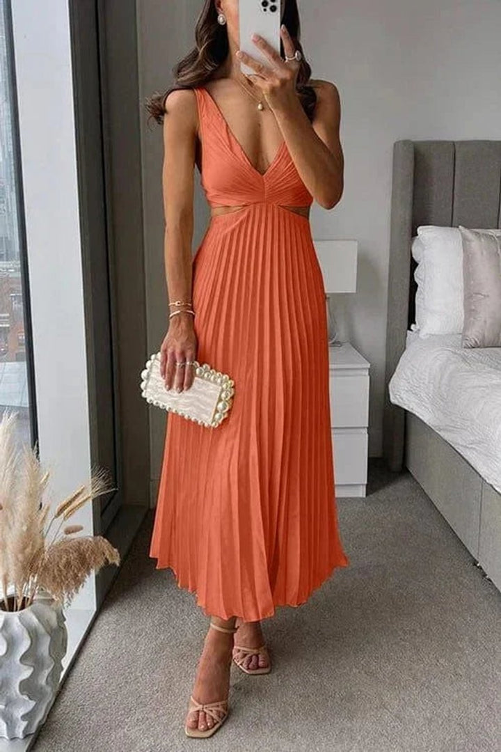 Phoebe | Women's Pleated Midi Party Dress Cutout V-Neck Sleeveless
