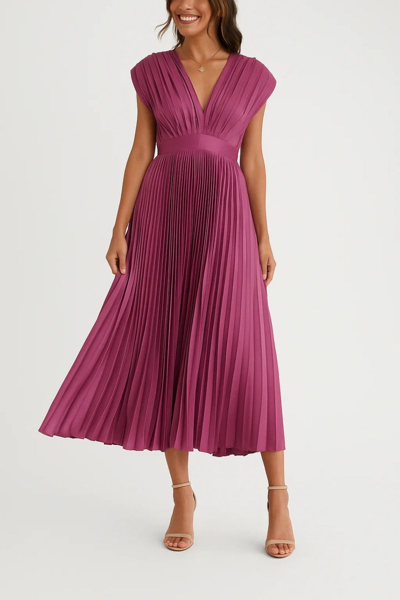 Aria | Women's Christmas Party Dress Pleated V-Neck Midi Everyday Day Dress