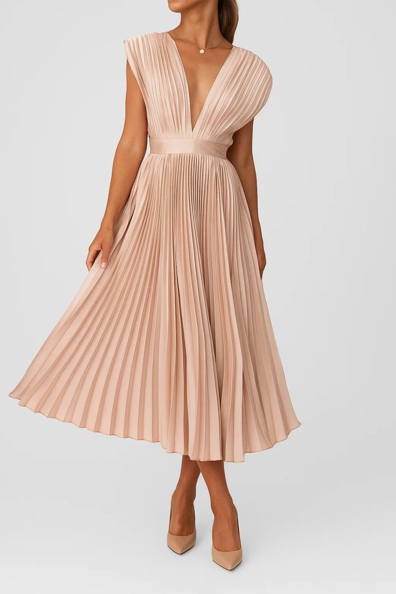 Aria | Women's Christmas Party Dress Pleated V-Neck Midi Everyday Day Dress
