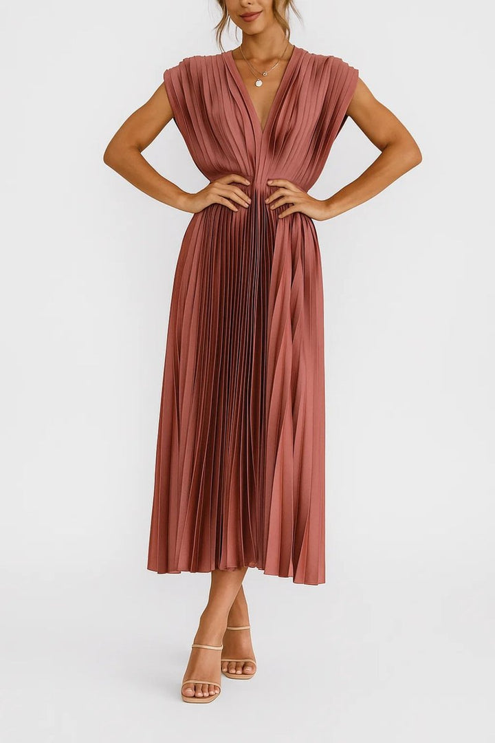 Aria | Women's Christmas Party Dress Pleated V-Neck Midi Everyday Day Dress