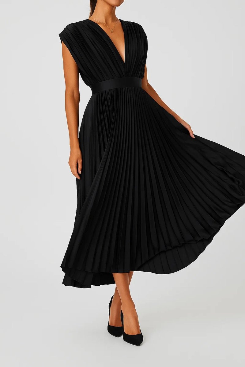 Aria | Women's Christmas Party Dress Pleated V-Neck Midi Everyday Day Dress