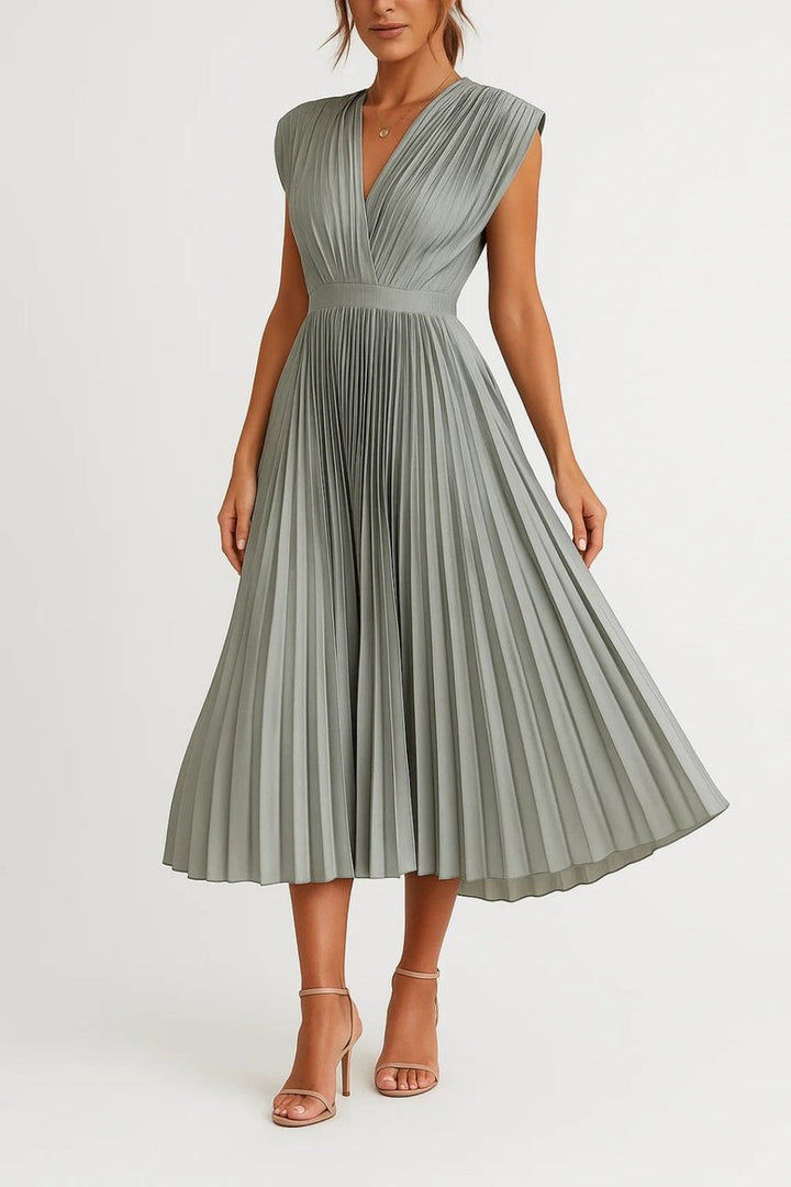 Aria | Women's Christmas Party Dress Pleated V-Neck Midi Everyday Day Dress