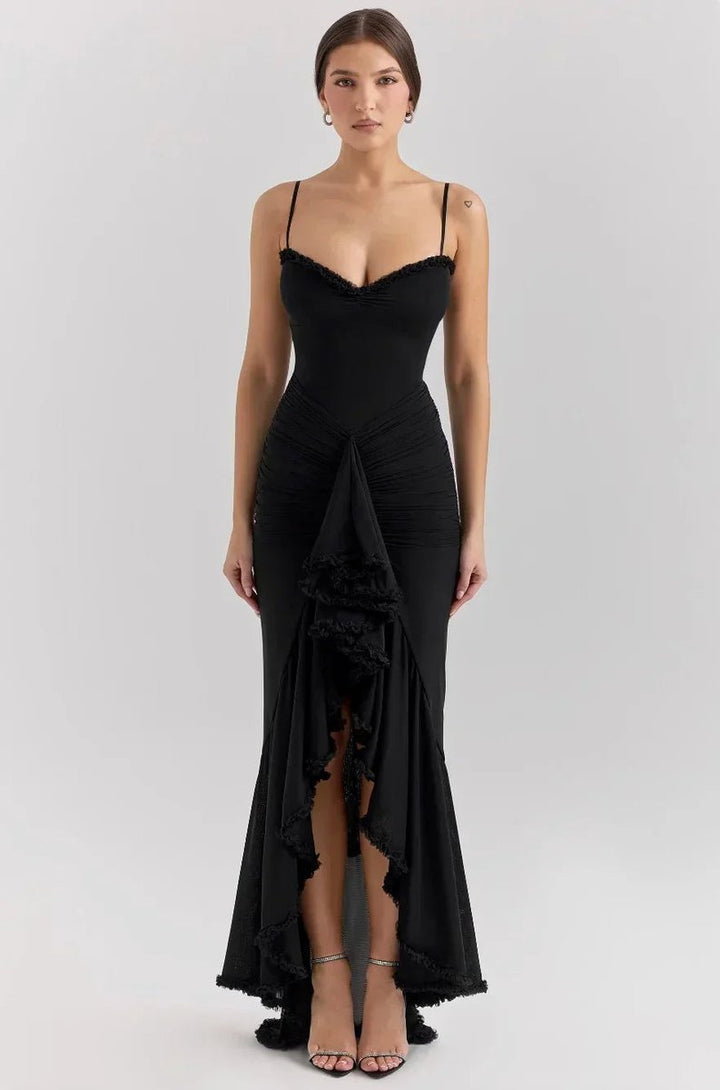 Ella | Women's Ruffle Midi Party Dress Spaghetti Strap High-Low Hem