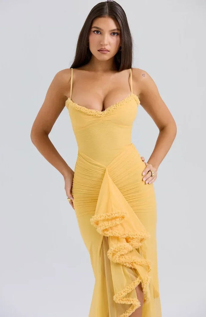 Ella | Women's Ruffle Midi Party Dress Spaghetti Strap High-Low Hem