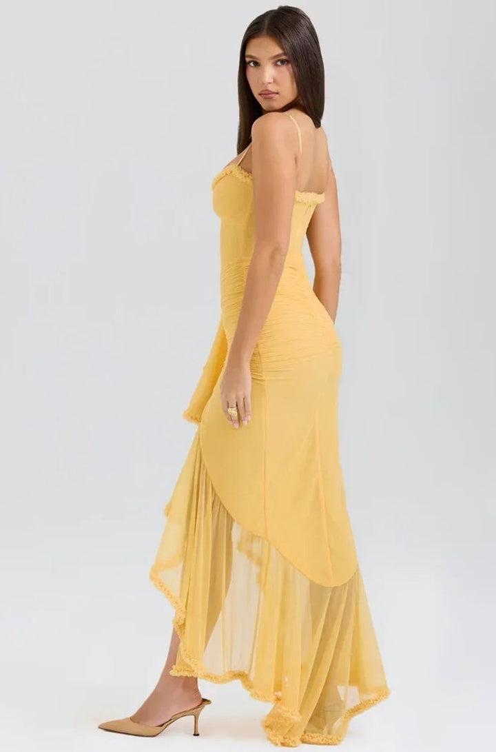 Ella | Women's Ruffle Midi Party Dress Spaghetti Strap High-Low Hem