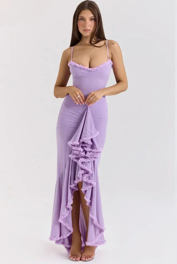 Ella | Women's Ruffle Midi Party Dress Spaghetti Strap High-Low Hem