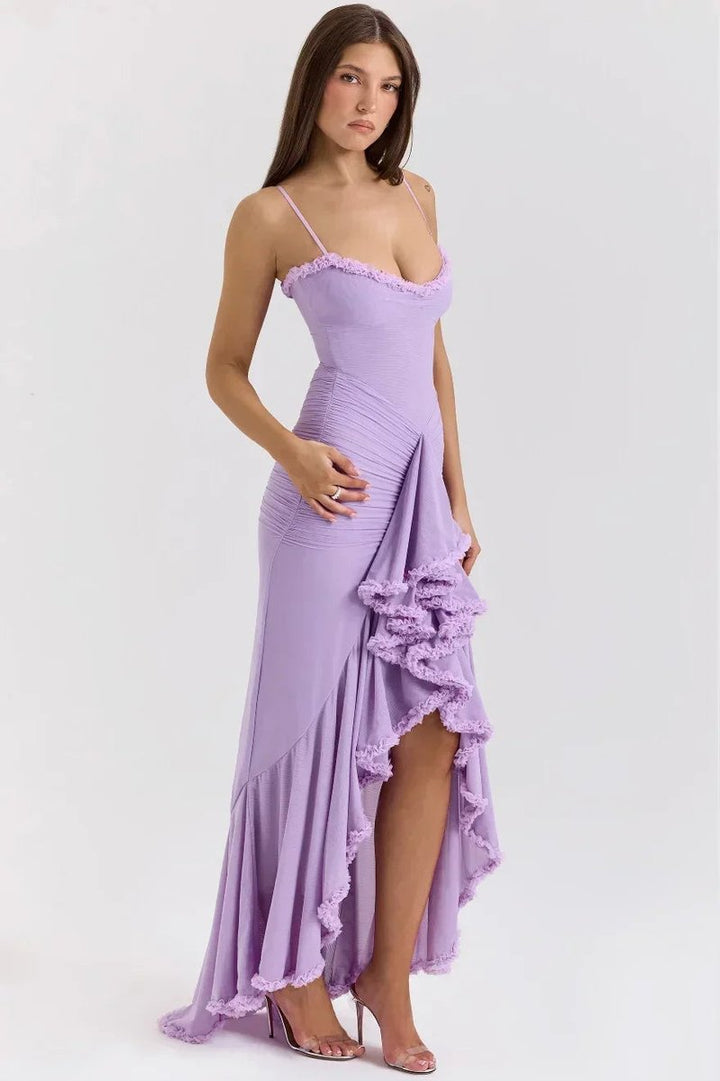 Ella | Women's Ruffle Midi Party Dress Spaghetti Strap High-Low Hem
