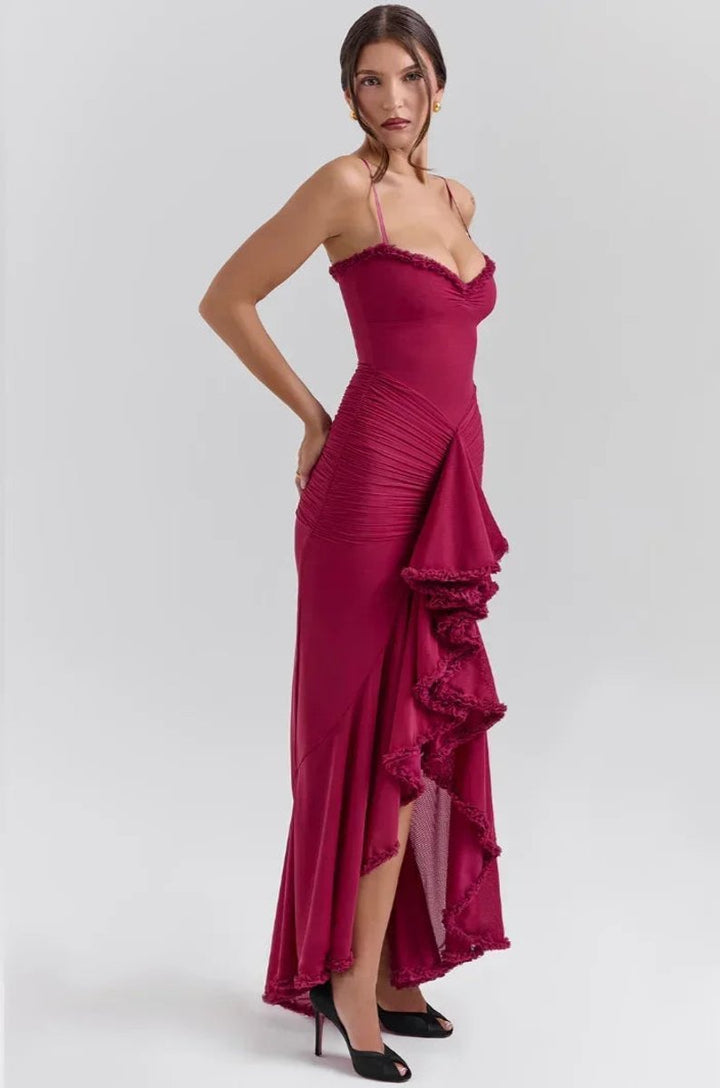 Ella | Women's Ruffle Midi Party Dress Spaghetti Strap High-Low Hem