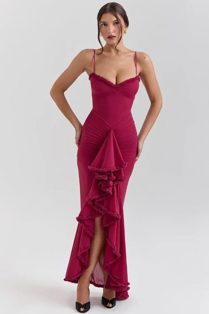 Ella | Women's Ruffle Midi Party Dress Spaghetti Strap High-Low Hem