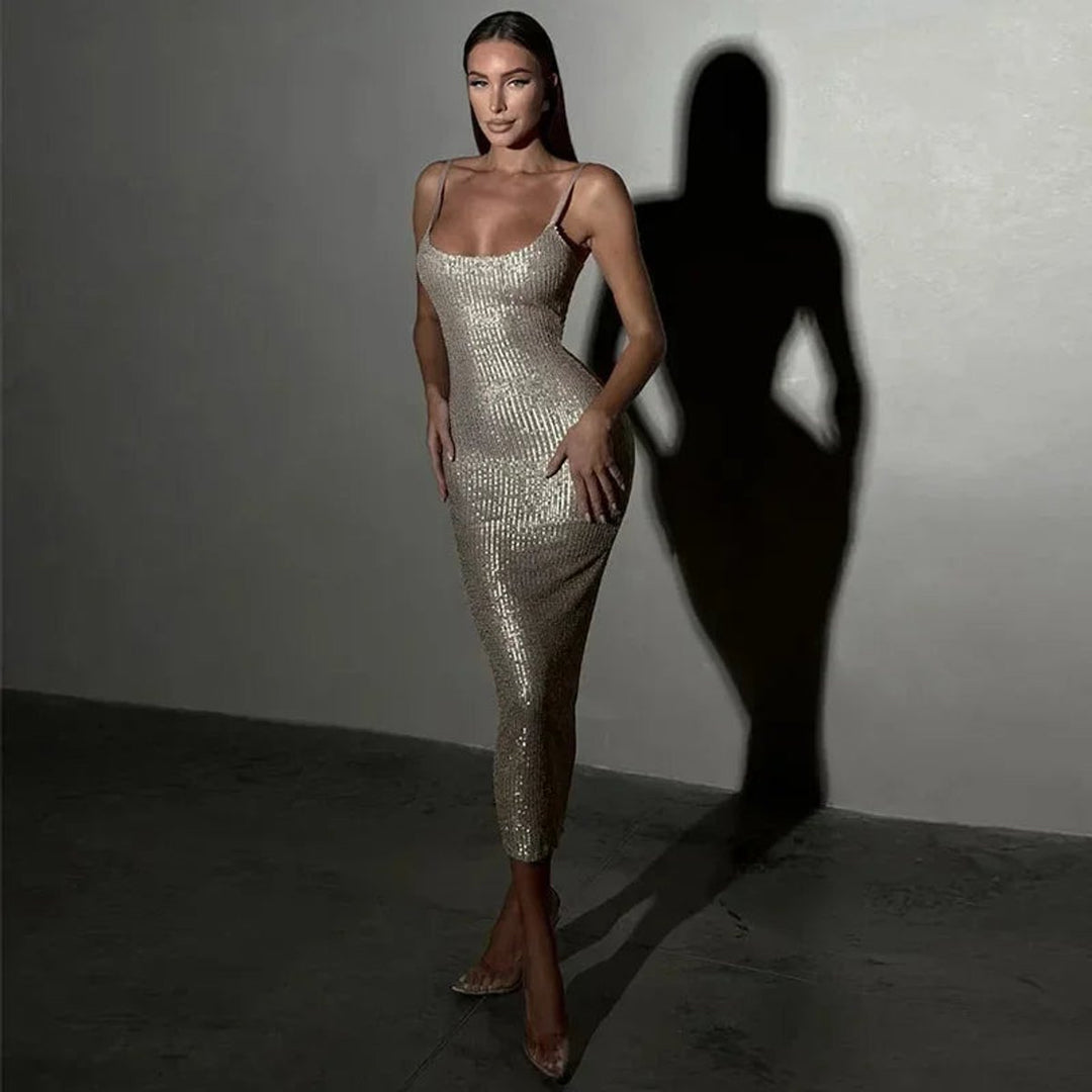 Willow | Women's Sequin Midi Party Dress Fitted Spaghetti Strap