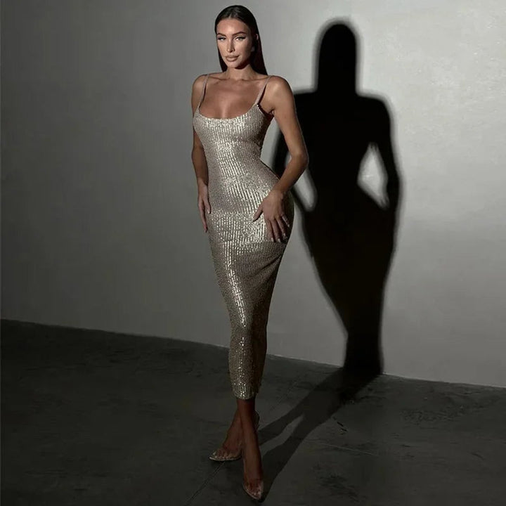 Willow | Women's Sequin Midi Party Dress Fitted Spaghetti Strap