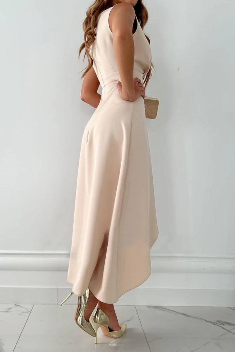 Emily | Women's V-Neck Asymmetric Midi Party Dress Fitted Waist Ruffle Hem