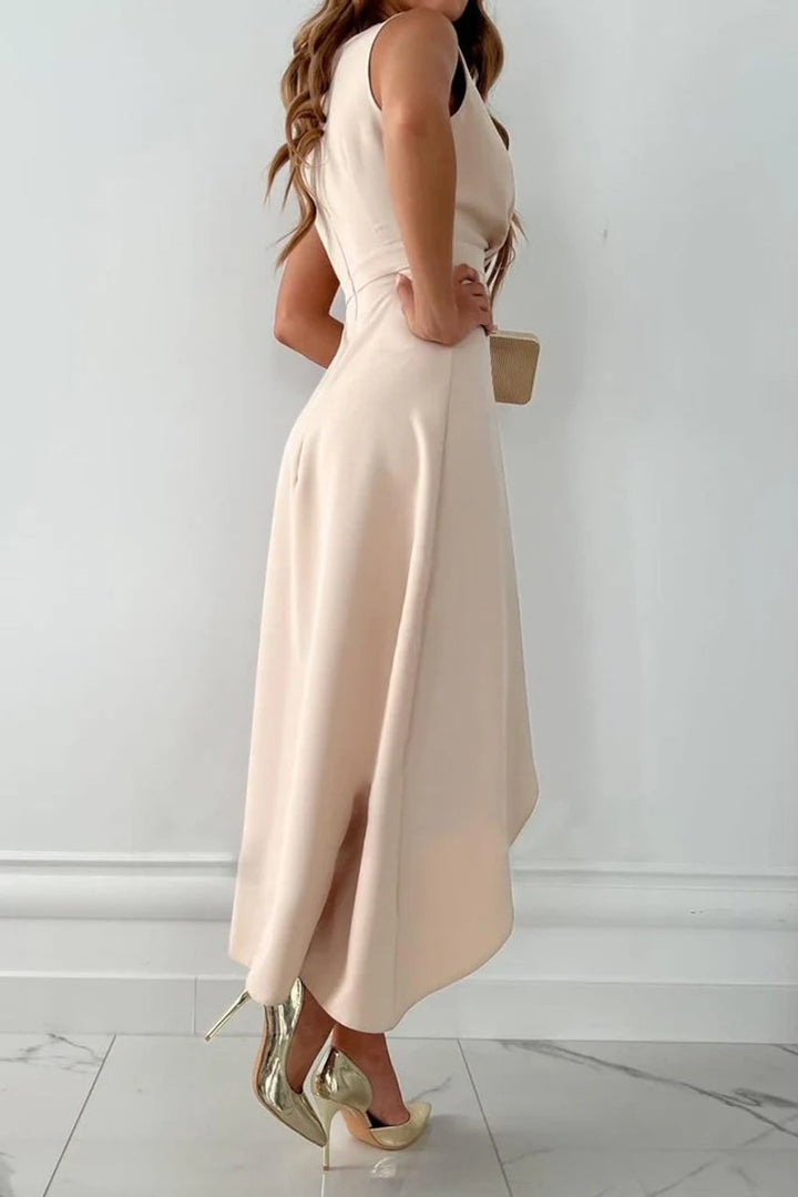 Emily | Women's V-Neck Asymmetric Midi Party Dress Fitted Waist Ruffle Hem