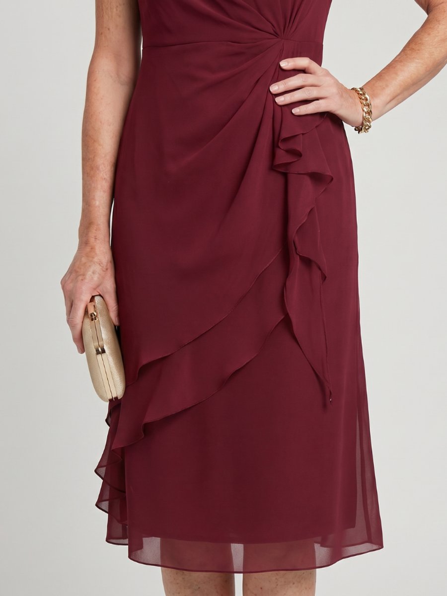 Ivy | Women's Chiffon Midi Party Dress Twist Waist Layered Ruffle Hem