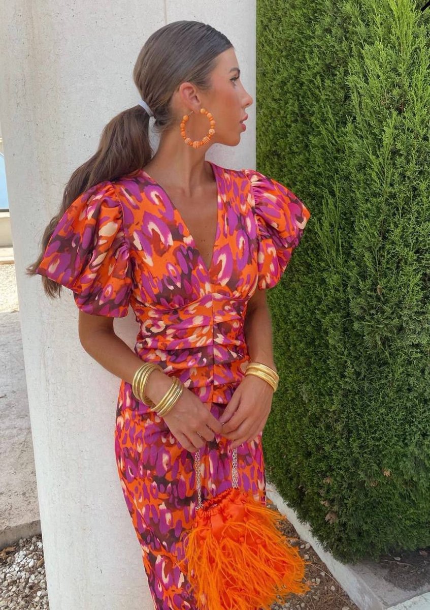 Ivy | Women's Christmas Party Dress Vibrant Print V-Neck Puff Sleeve Midi