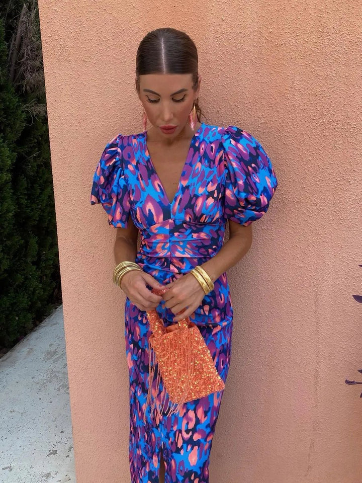 Ivy | Women's Christmas Party Dress Vibrant Print V-Neck Puff Sleeve Midi