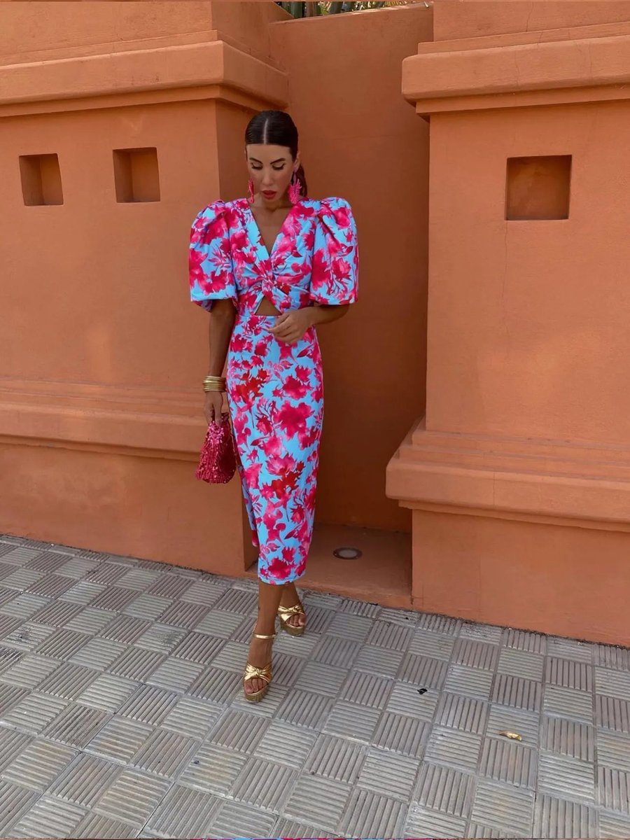 Ivy | Women's Christmas Party Dress Vibrant Print V-Neck Puff Sleeve Midi