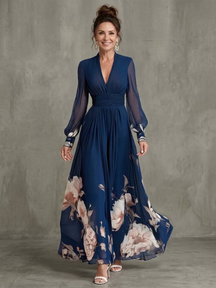 Aria | Women's Pleated Maxi Party Dress V-Neck Sheer Bishop Sleeves