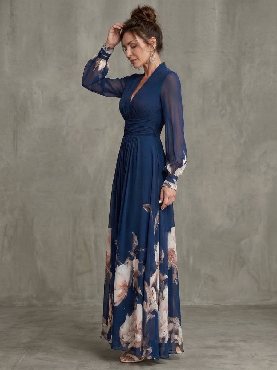Aria | Women's Pleated Maxi Party Dress V-Neck Sheer Bishop Sleeves