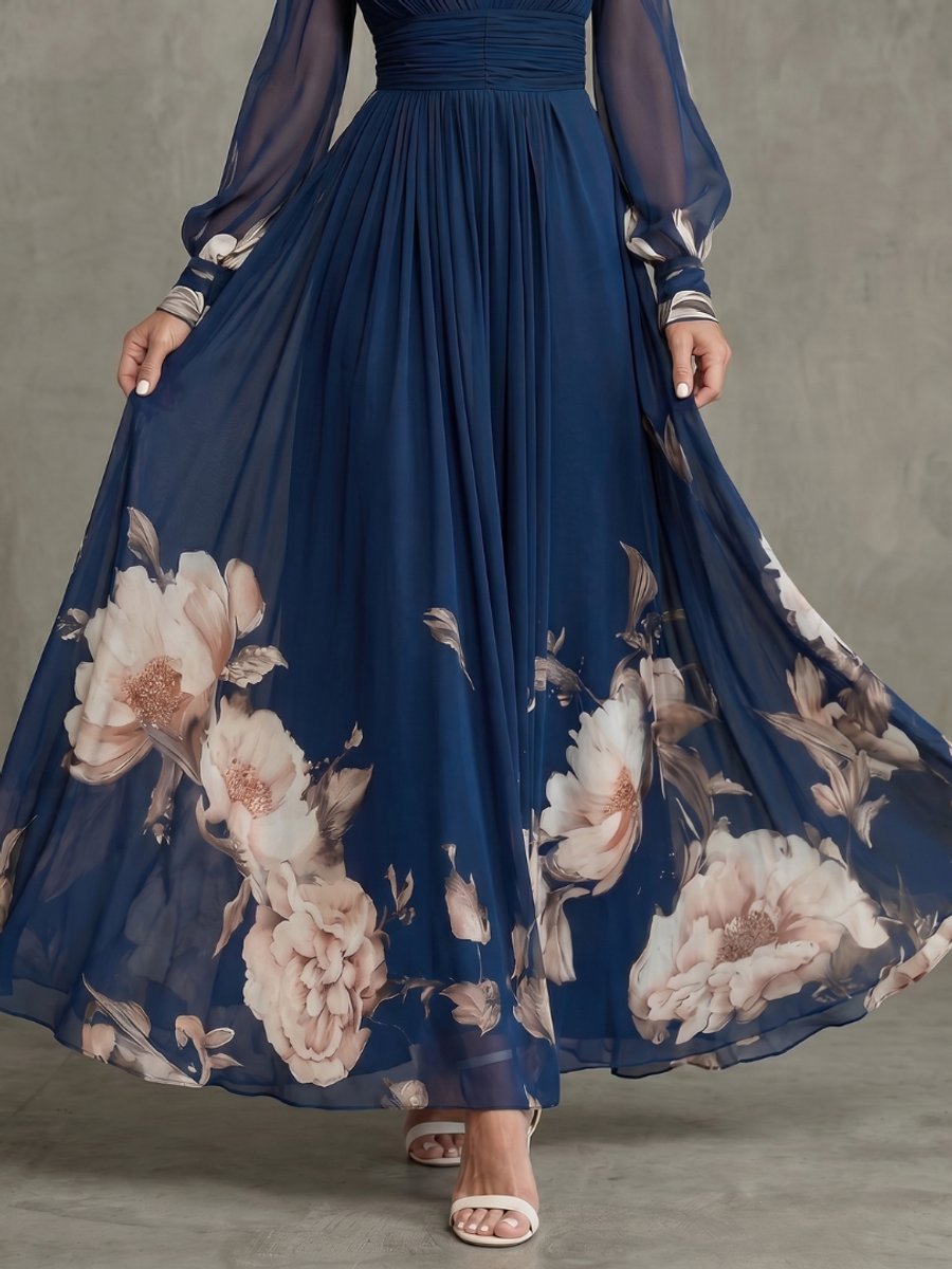 Aria | Women's Pleated Maxi Party Dress V-Neck Sheer Bishop Sleeves