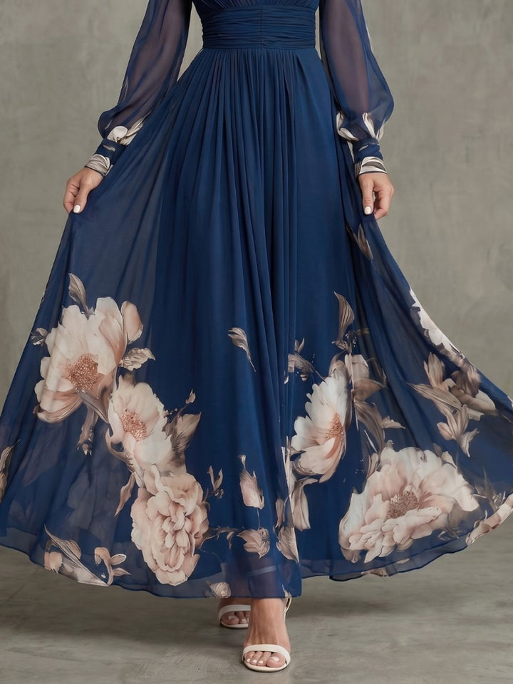 Aria | Women's Pleated Maxi Party Dress V-Neck Sheer Bishop Sleeves