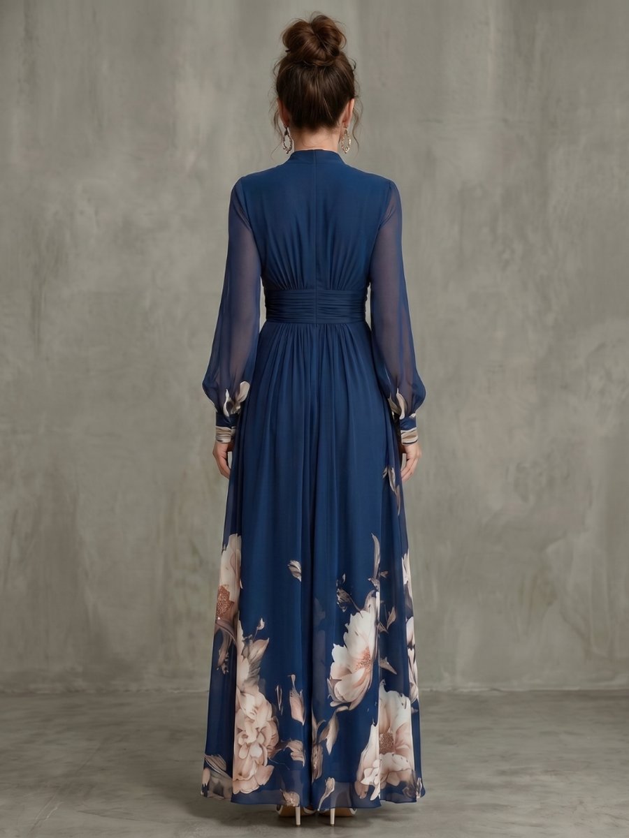 Aria | Women's Pleated Maxi Party Dress V-Neck Sheer Bishop Sleeves