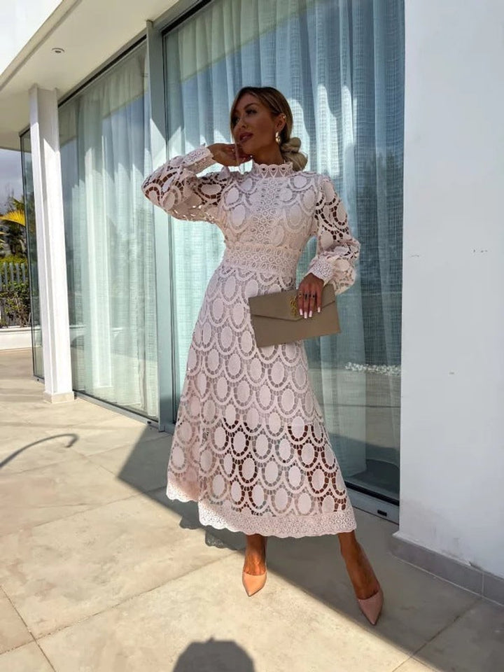 Ava | Women's Christmas Party Midi Dress High Neck Openwork Lace Puff Sleeve