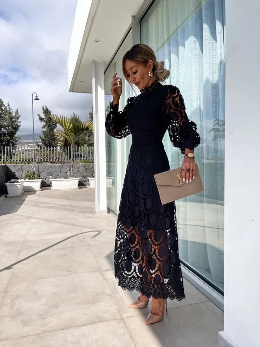 Ava | Women's Christmas Party Midi Dress High Neck Openwork Lace Puff Sleeve