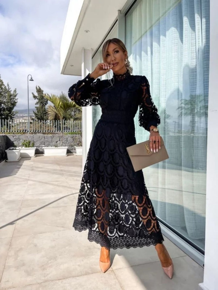 Ava | Women's Christmas Party Midi Dress High Neck Openwork Lace Puff Sleeve