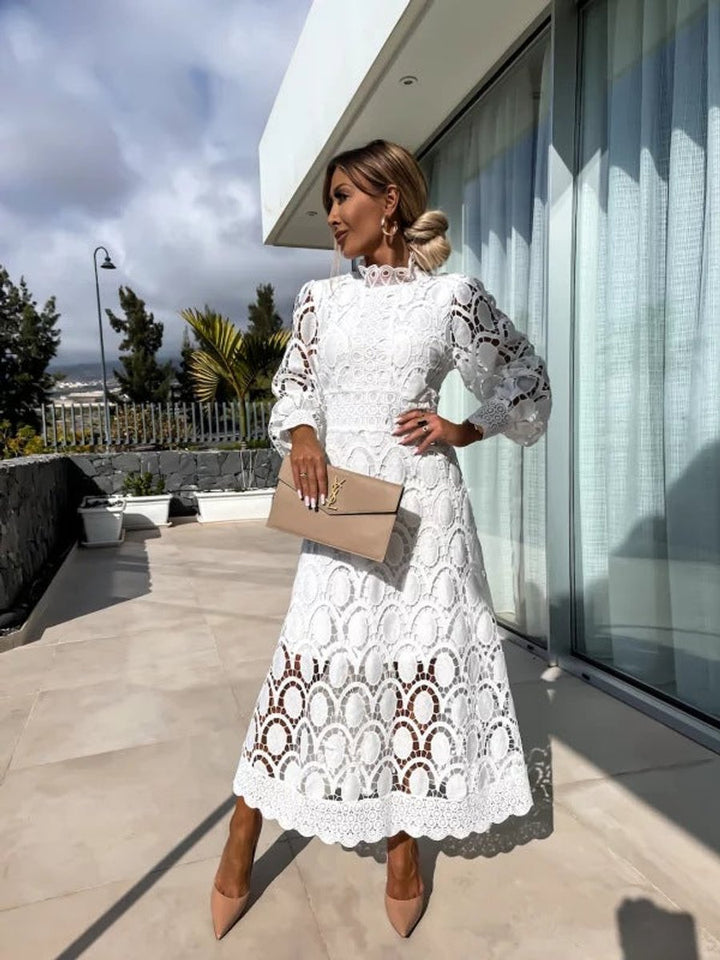 Ava | Women's Christmas Party Midi Dress High Neck Openwork Lace Puff Sleeve