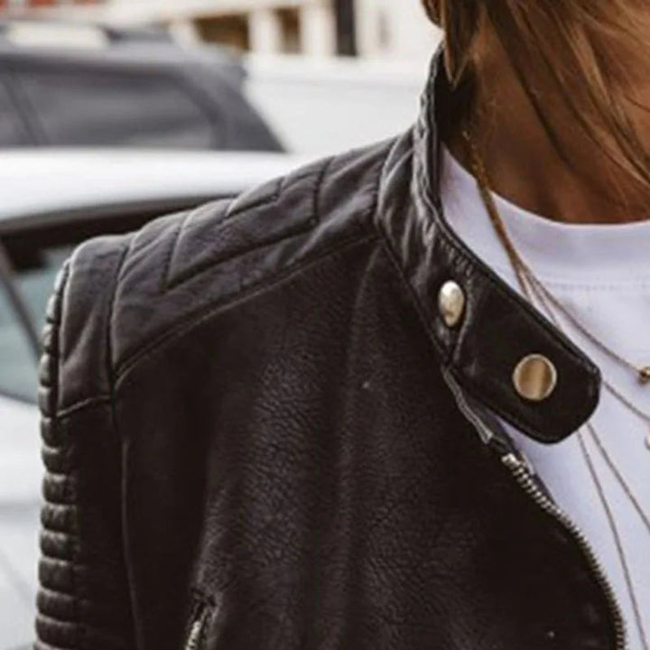 Aria | Women's Coat Black Faux Leather Zip-Up Biker Jacket