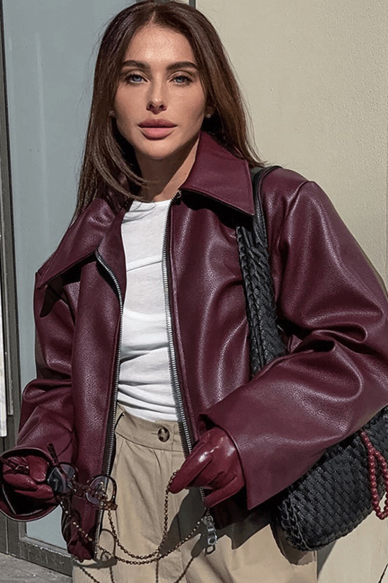 Freya | Women's Coat Burgundy Faux Leather Cropped Zip-Up Jacket