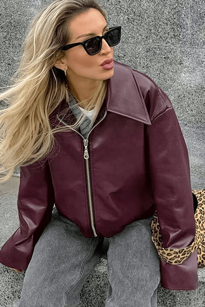 Freya | Women's Coat Burgundy Faux Leather Cropped Zip-Up Jacket