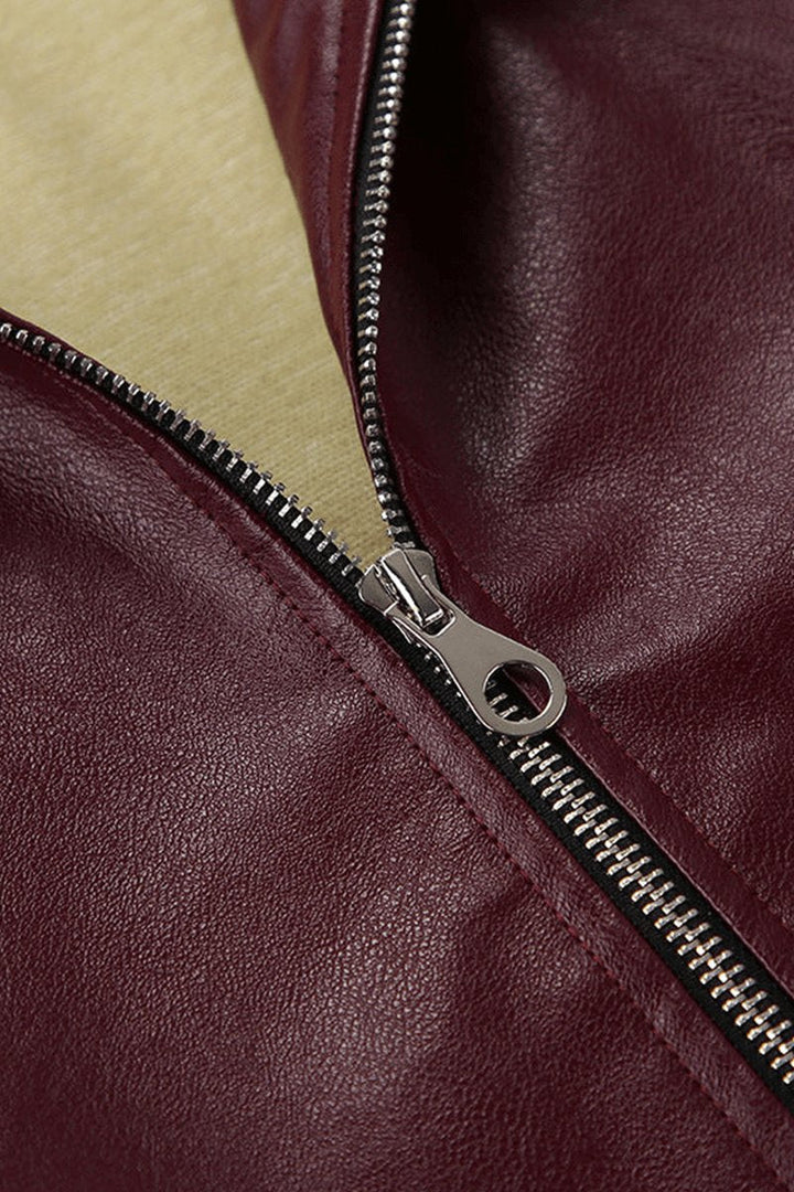 Freya | Women's Coat Burgundy Faux Leather Cropped Zip-Up Jacket