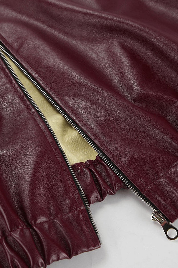 Freya | Women's Coat Burgundy Faux Leather Cropped Zip-Up Jacket
