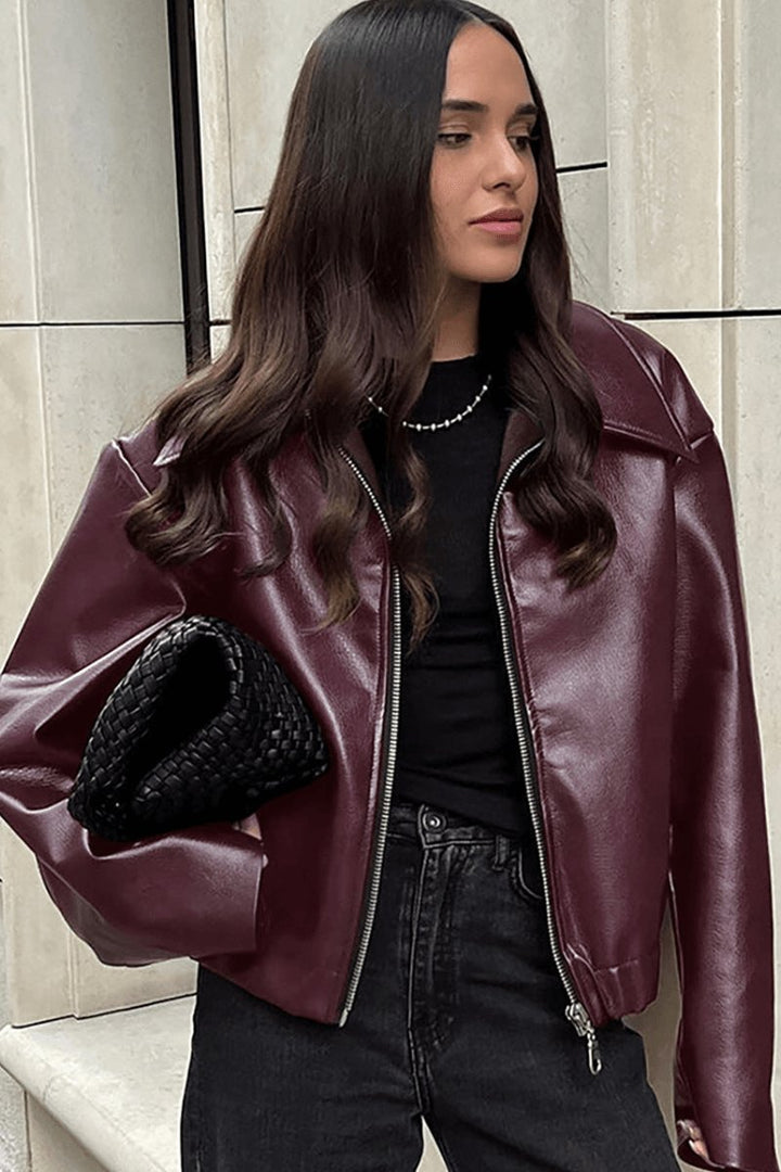 Freya | Women's Coat Burgundy Faux Leather Cropped Zip-Up Jacket