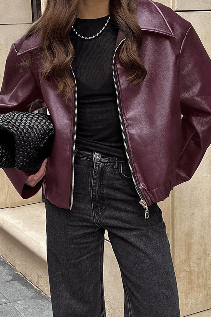 Freya | Women's Coat Burgundy Faux Leather Cropped Zip-Up Jacket