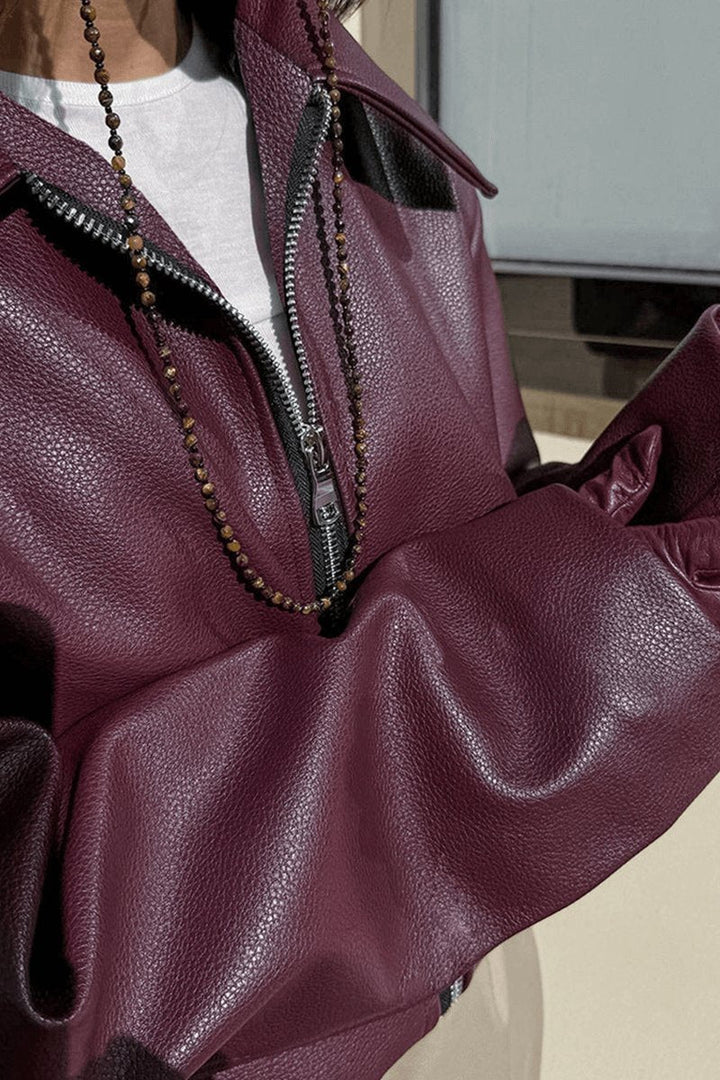 Freya | Women's Coat Burgundy Faux Leather Cropped Zip-Up Jacket